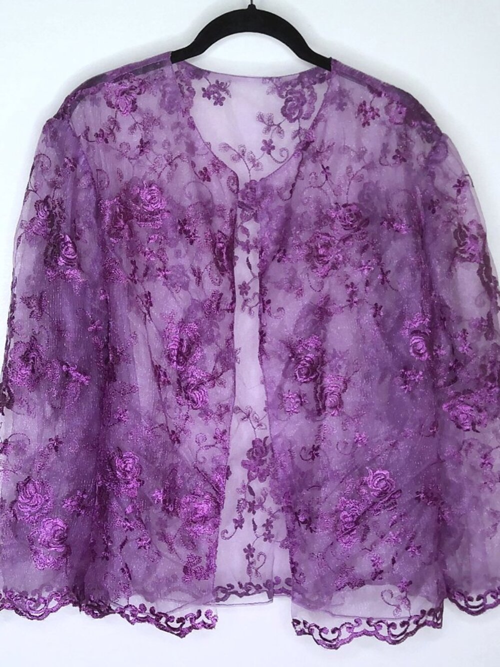Purple Mesh & Embroidered Floral Lace Cardigan Open 7/8 Sleeve ~Size in Listing